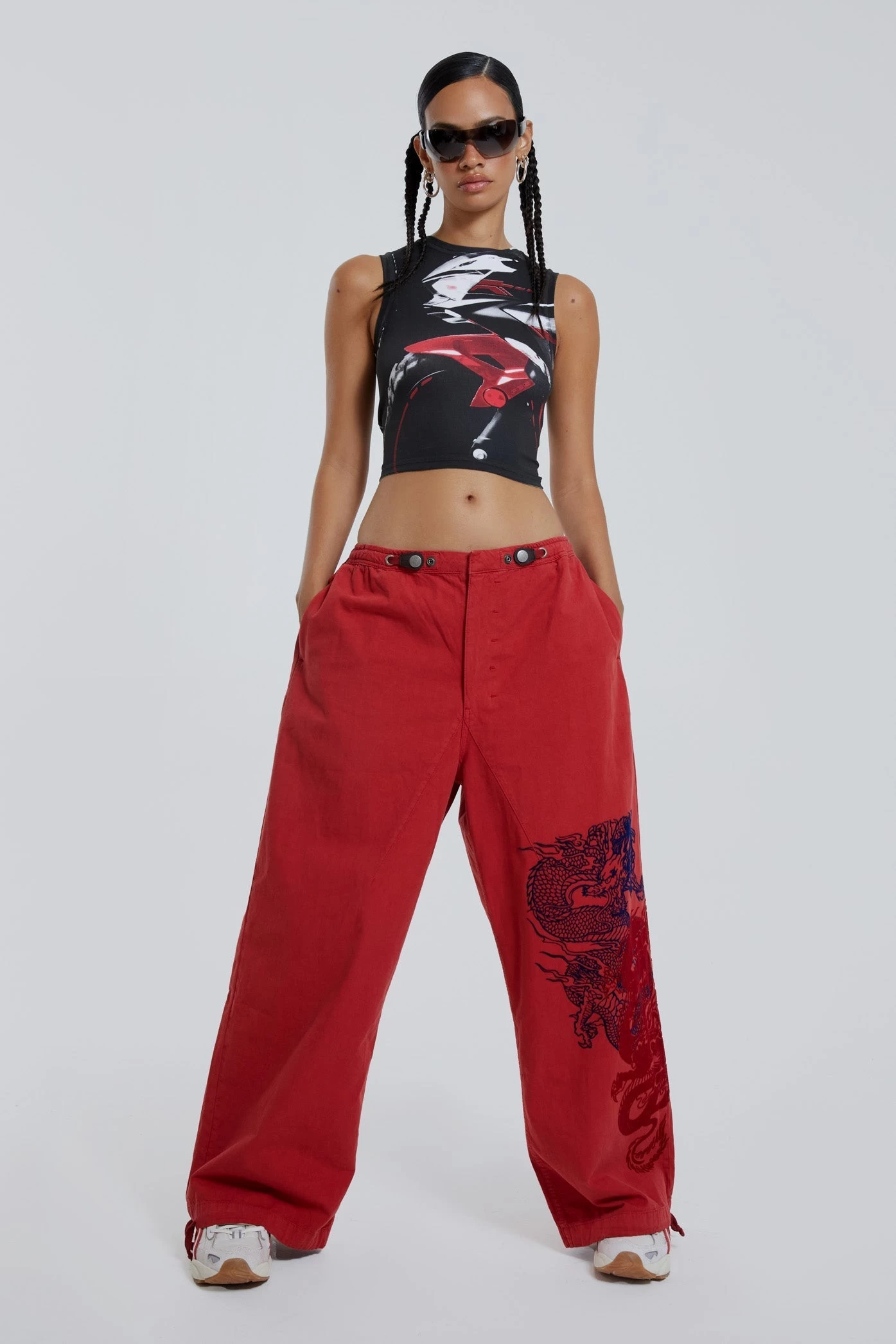 Jaded London NY Dragon Flock Cargo Pants In Red - Image 5