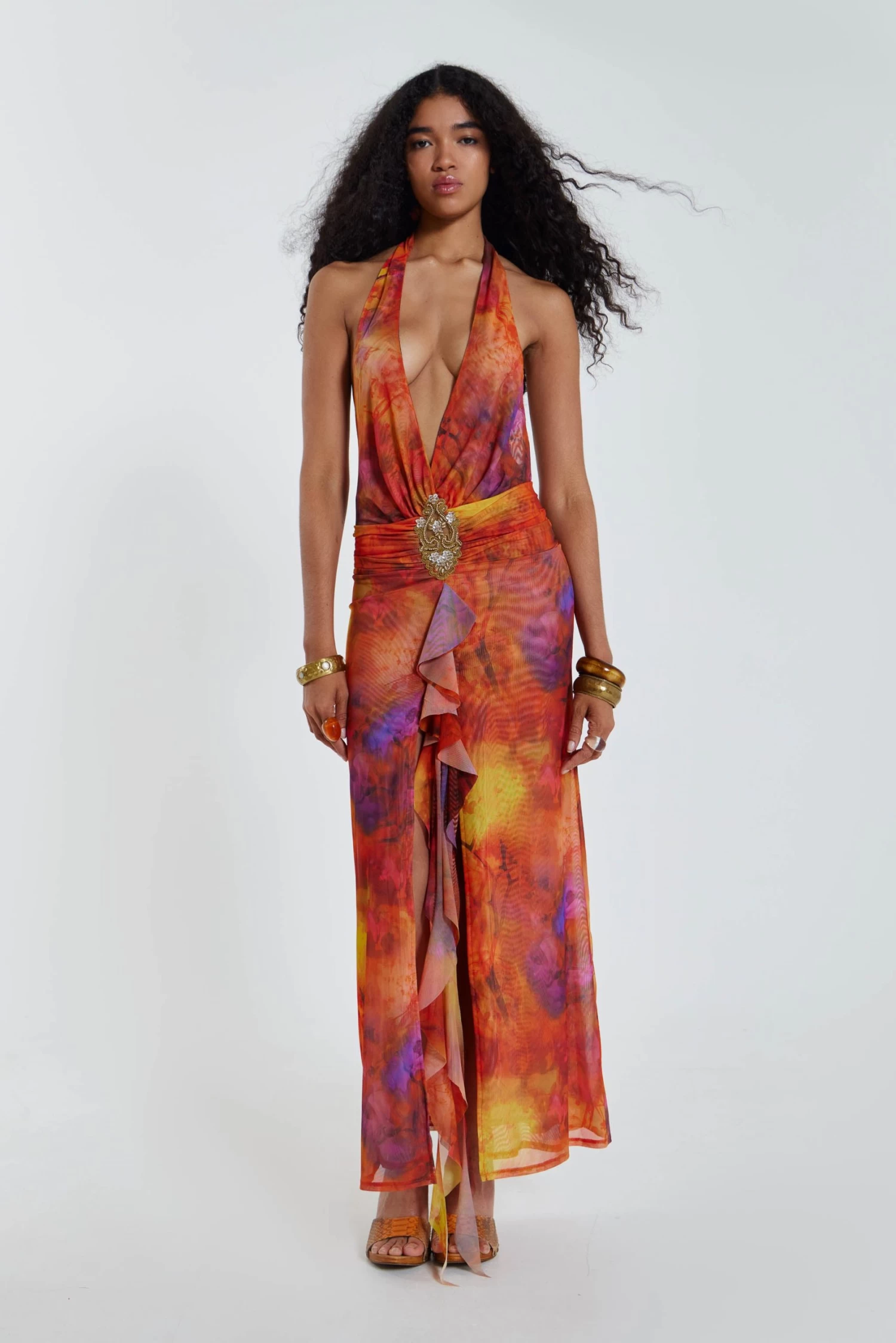 Jaded London Cindy Plunge Maxi Dress In Orange